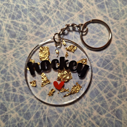 Porte-clés acrylique - Hockey coeur & feuilles d'or